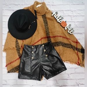 Knit Plaid Turtle Neck Poncho Sweater